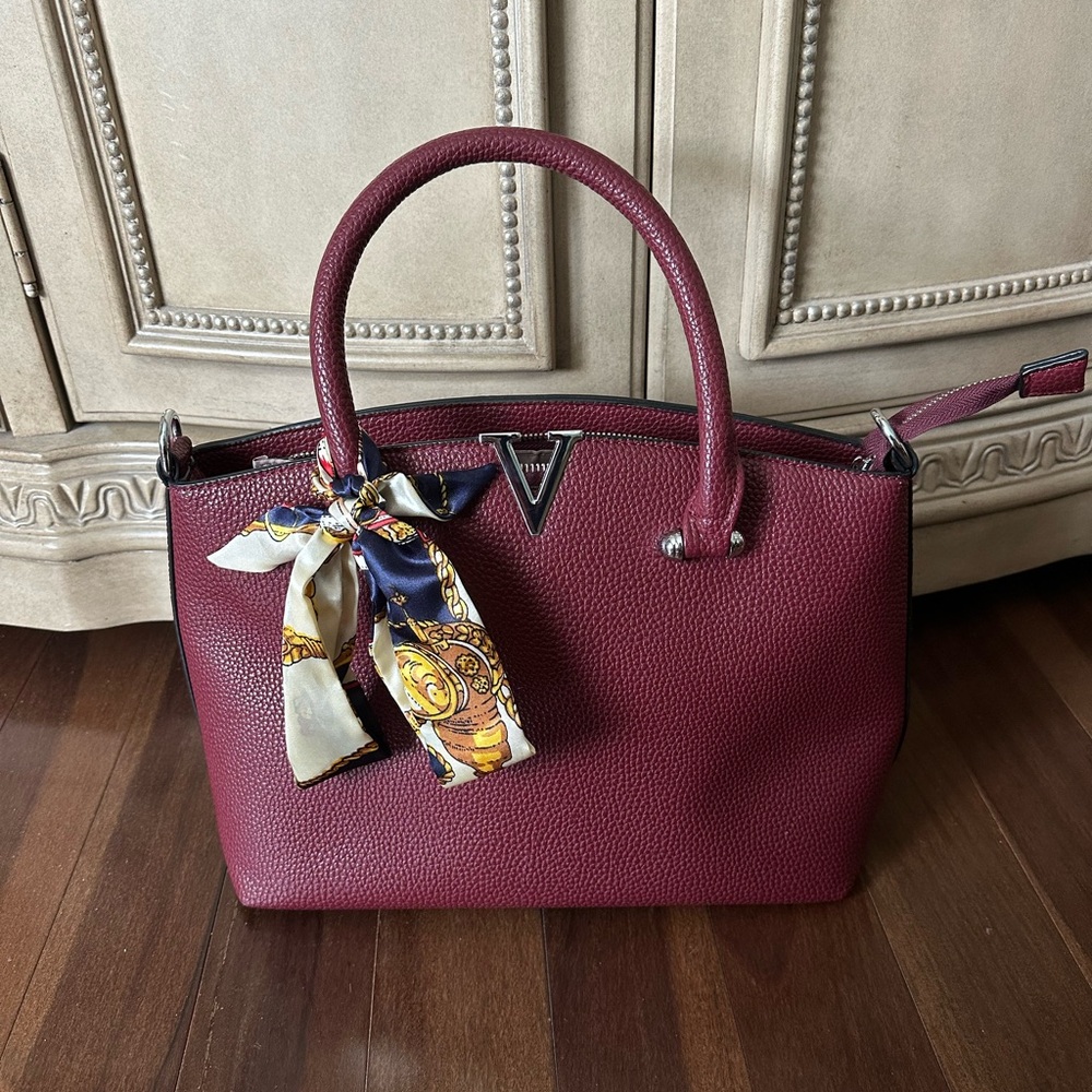 Burgundy Handbag with Scarf Accent